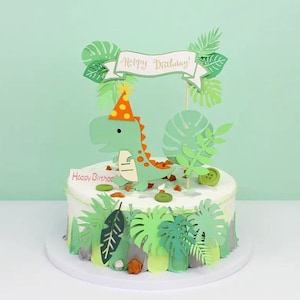 Delicia de dinosaurio verde: ¡4 piezas de decoración para tarta con forma de dinosaurio y hoja!