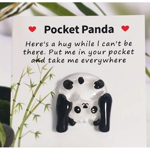 May include: A small, white panda figurine with black ears and eyes. The panda is holding its arms up in a hug. The figurine is on a white card with the text "Pocket Panda" and "Here's a hug while I can't be there. Put me in your pocket and take me everywhere."