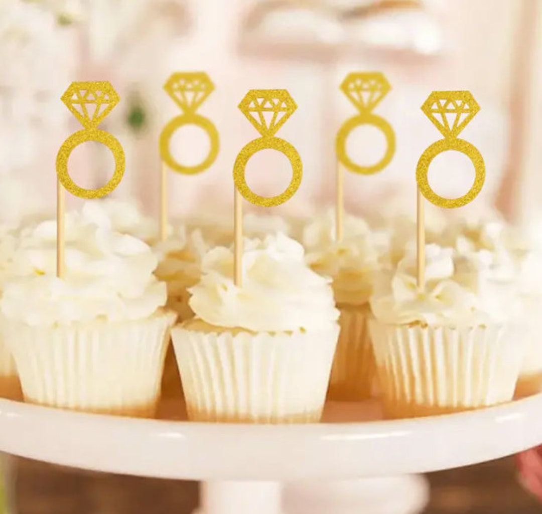 Gold Diamond Ring Cupcake Toppers, Glitter Bridal Shower, Ring Cupcake ...