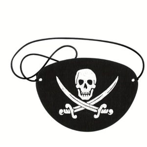 May include: Black eye patch with an elastic strap. The patch features a white skull and crossbones design.