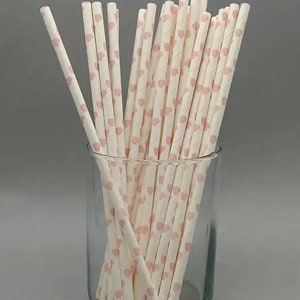 Pink series with Pink Hearts, Paper Straw Disposable Paper Party Pastry Drink Decoration Straw, baby shower, Birthday party, & more!