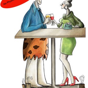 May include: Cartoon illustration of a couple toasting drinks at a table. The man wears a blue shirt and tie, the woman a green dress and red heels. A dinosaur and volcano are at the base of the table. Text reads "Digital Download Only No Physical Item Will Be Shipped."