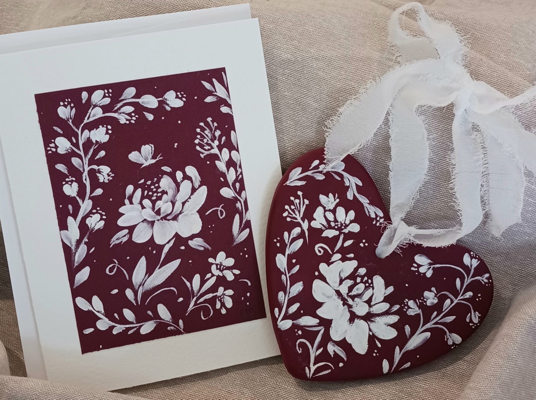 Hand-painted Ceramic Heart Ornament & Card/ Valentine Gift/ Wedding Gift/ Baby Girl Gift/ Thank ...