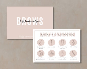 Pode incluir: Dois cartões com texto e ilustrações relacionados aos cuidados pós-laminação de sobrancelhas. O cartão maior diz "Brows by Samantha" em texto branco sobre um fundo rosa blush. O cartão menor detalha as instruções de cuidados.