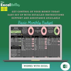 May include: A laptop screen displaying a spreadsheet with a monthly budget template. The spreadsheet is titled "Basic Monthly Budget" and includes sections for income, obligations and debts, expenses, and investments and savings. The spreadsheet is designed to help users track their finances and manage their money.