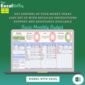 May include: A laptop screen displaying a spreadsheet titled "Basic Monthly Budget" with four sections: Income, Obligations & Debts, Expenses, and Investments & Savings. The spreadsheet is designed for tracking personal finances in January. The Excel Belles logo is visible in the top left corner.