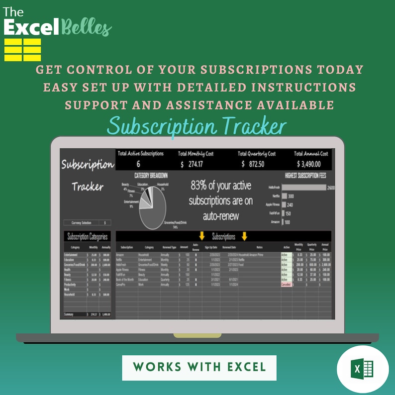 May include: A laptop screen displaying a spreadsheet with a subscription tracker. The spreadsheet includes a pie chart, a table, and a graph. The spreadsheet is titled "Subscription Tracker". The text "Works with Excel" is displayed below the laptop.