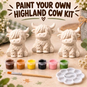 May include: A craft kit featuring three unpainted ceramic Highland cow figurines, a set of six small paint pots in brown, orange, yellow, black, pink, and green, a wooden paintbrush, and a white flower-shaped palette with the text PAINT YOUR OWN HIGHLAND COW KIT.