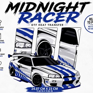 May include: A DTF heat transfer graphic featuring a white sports car with blue racing stripes. The text reads MIDNIGHT RACER DTF HEAT TRANSFER. Icons indicate easy application, long-lasting colours, and garment versatility. Dimensions are 24.07 cm x 23 cm.