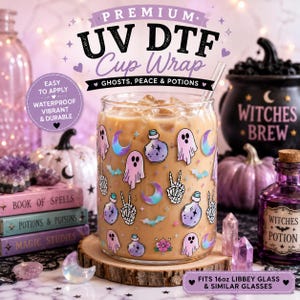Ghosts, Peace & Potions DTF Cup Wrap | Cute Halloween UV DTF Transfer for 16oz Libbey Glass | Spooky Cup Decal | Ghost Coffee Cup