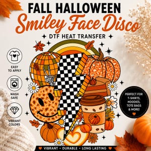 Fall Halloween Smiley Face Disco DTF Heat Transfer | Autumn Pumpkin Iron On Transfer | Retro Halloween Shirt | Coffee Lover