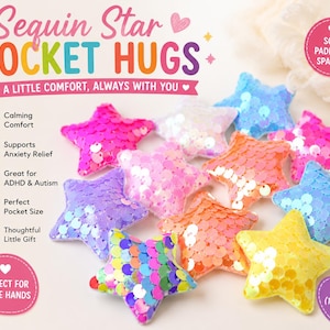 May include: A collection of small, star-shaped plush items covered in iridescent sequins in various colours including pink, purple, orange, blue, and yellow. The text reads Sequin Star POCKET HUGS, A LITTLE COMFORT, ALWAYS WITH YOU, and 3.8CM (1.5 INCH).