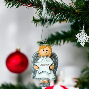 Décoration de sapin de Noël ange fille argentée personnalisée avec nom boule de Noël ange décoration de Noël ornement personnalisé image 2