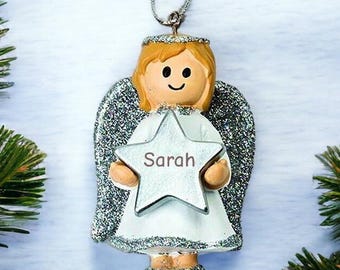Personalised Cute Silver Girl Angel Christmas Tree Decoration with Name - Angel Bauble - Christmas Decoration - Personalised Ornament