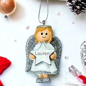 Personalised Cute Silver Girl Angel Christmas Tree Decoration with Name Angel Bauble Christmas Decoration Personalised Ornament image 1