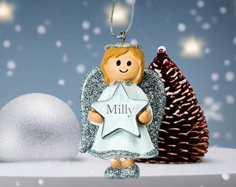 Personalised Cute Silver Girl Angel Christmas Tree Decoration with Name - Angel Bauble - Christmas Ornament - Personalised Ornament