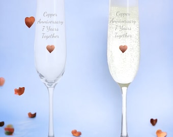 Dartington Copper Anniversaire 7 ans ensemble, verres à champagne coeur en cuivre véritable, cadeau d'anniversaire, cadeau de couple, personnalisé