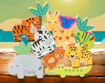 Animaux de la jungle empilables personnalisés - Jouet pour enfants - Jouet pour tout-petits - Cadeau pour tout-petits - Cadeau de Noël - Anniversaire - Baptême