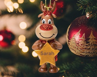 Personalised Cute Reindeer Christmas Tree Decoration with Name - Reindeer Bauble - Christmas Ornament - Personalised Ornament