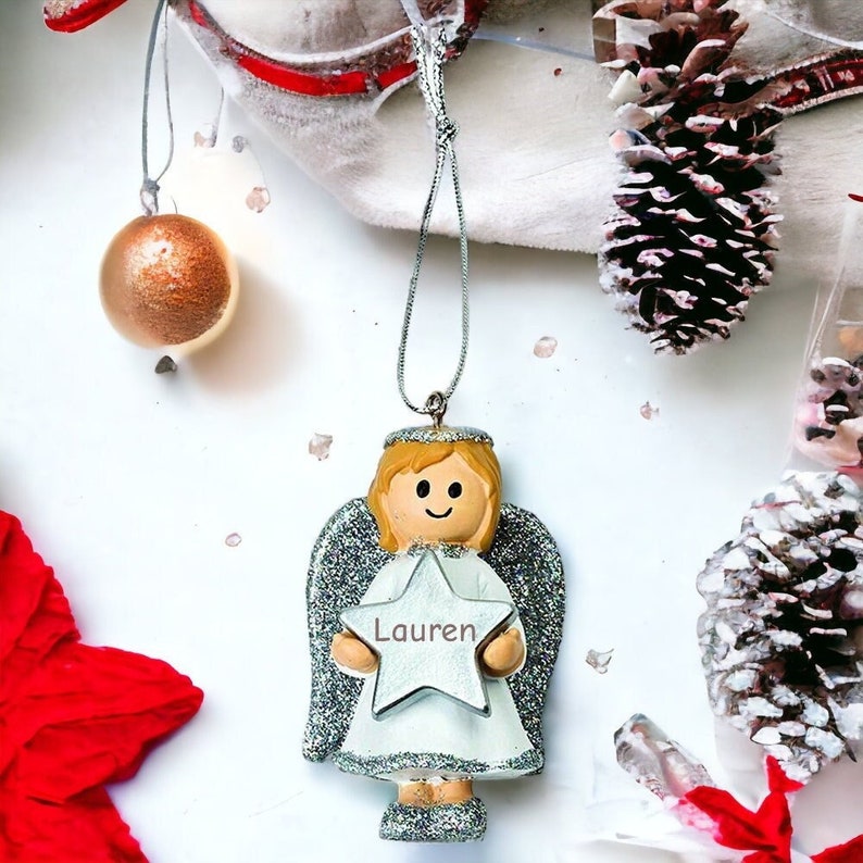 Personalised Cute Silver Girl Angel Christmas Tree Decoration with Name Angel Bauble Christmas Decoration Personalised Ornament image 1