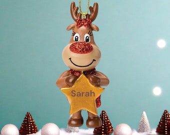 Personalised Cute Reindeer Christmas Tree Decoration with Name - Reindeer Bauble - Christmas Ornament - Personalised Ornament