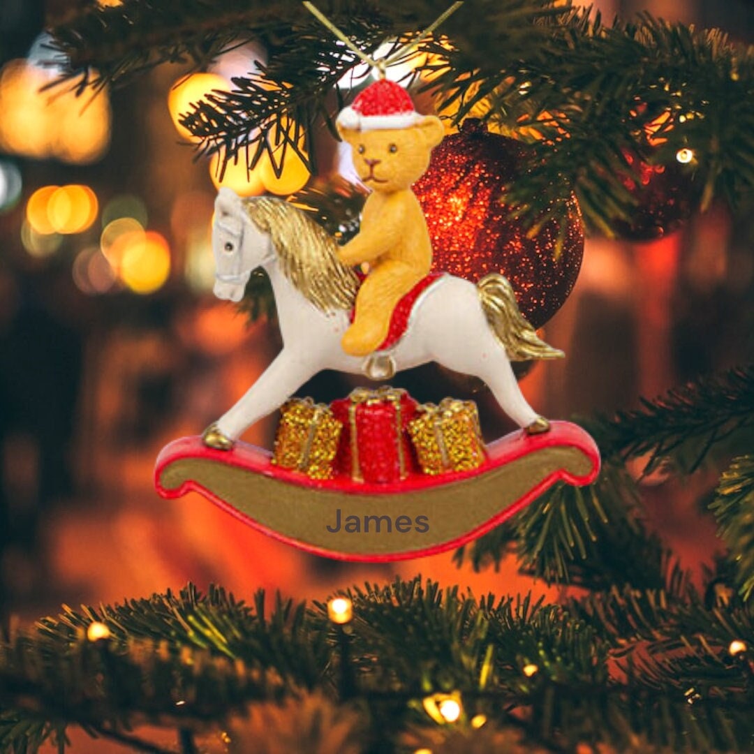 Personalised Teddy Bear & Rocking Horse Decoration Ornament bauble 1st