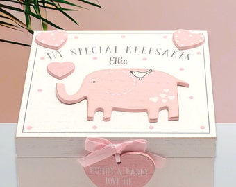 Personalized Baby Keepsake Box – Pink Elephant, Engraved Wooden Memory Box