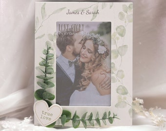 Cadre blanc personnalisé 'TRUE LOVE' avec feuilles - 4" X 6" - Cadre photo - Jour de mariage - Fiançailles - Cadeau de mariage