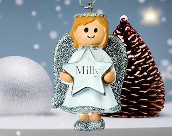 Personalised Cute Silver Girl Angel Christmas Tree Decoration with Name - Angel Bauble - Christmas Decoration - Kids Christmas Decoration