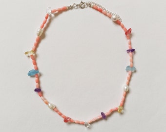 Beaded coral necklace with pearls and gemstones