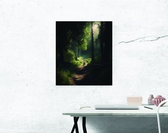 Könnte beinhalten: Ein Weg durch einen dunklen Wald mit Sonnenlicht, das durch die Bäume scheint.