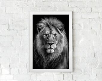 May include: A black and white photograph of a lion's face. The lion is looking directly at the camera with a serious expression. The lion's mane is thick and full, and its fur is soft and fluffy.