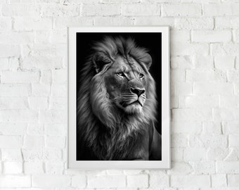 May include: A black and white photograph of a lion with a thick mane looking to the right. The lion is in focus and the background is blurred.
