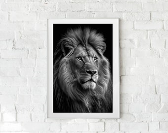 May include: A black and white photograph of a lion's head and mane. The lion is looking to the right of the frame. The background is black.