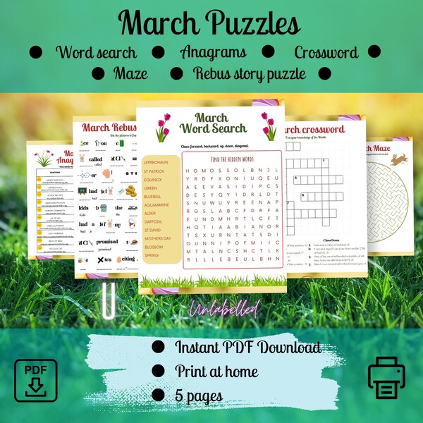 March themed puzzles | Printable | 5 pages of seasonal fun for all ages