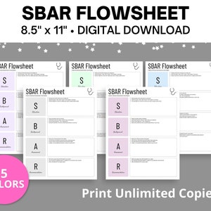 May include: Five printable SBAR flowsheet templates in different colors. Each template is 8.5 inches by 11 inches and includes the acronym SBAR, which stands for Situation, Background, Assessment, and Recommendation. The text "Print Unlimited Copies!" is at the bottom of the image.