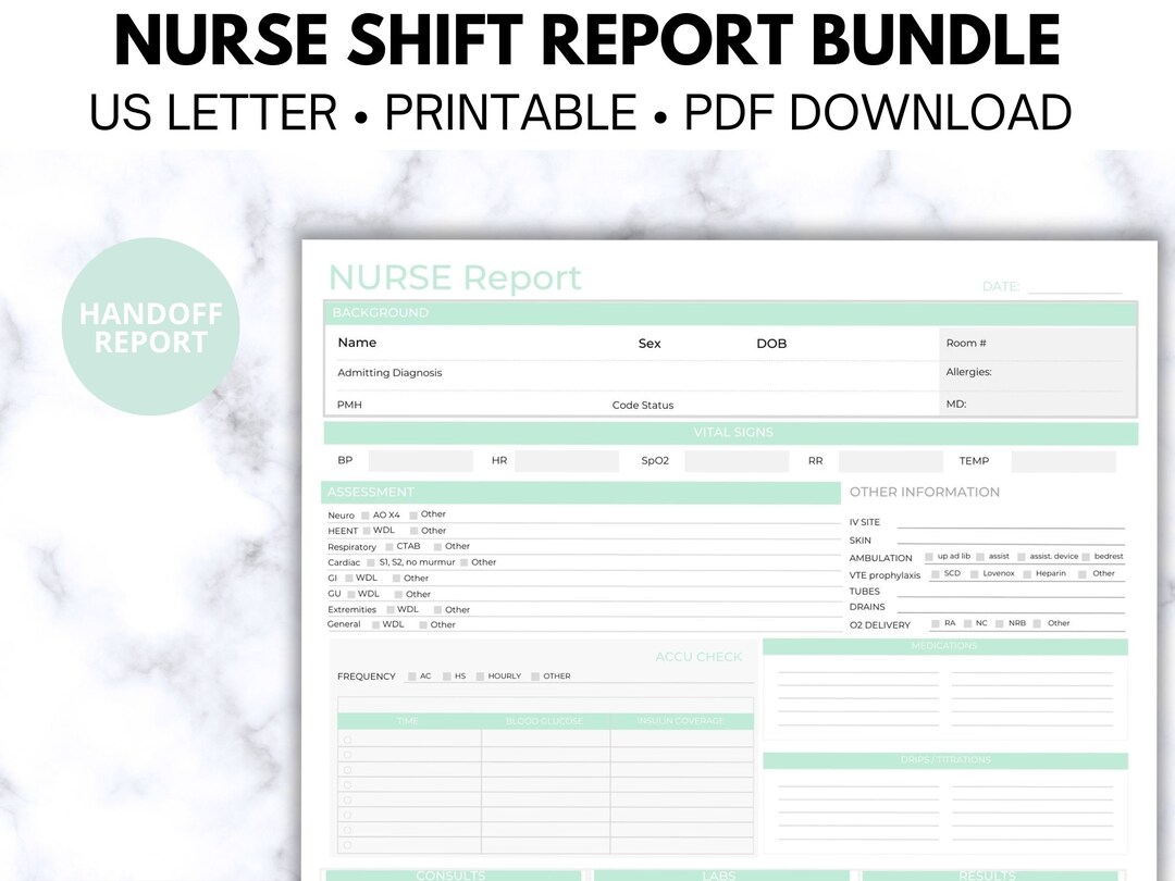 Nurse Shift Report Sheet Bundle Printable PDF Etsy