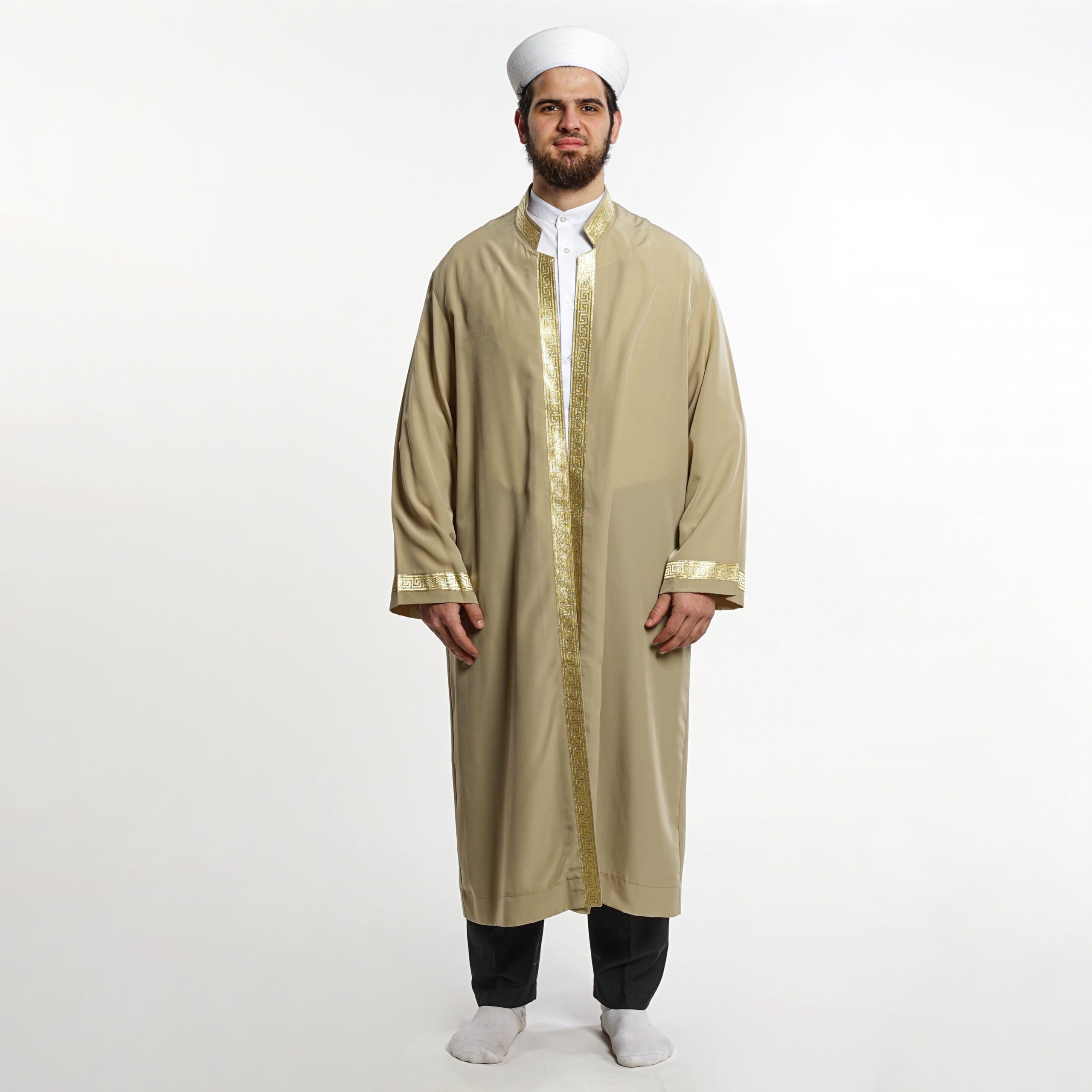 Men's Muslim Thobe Robe - Long Sleeve Saudi Arab Style, Gold Bead Embroidery, Loose Fit Prayer Gown (Includes Sizing Advice)