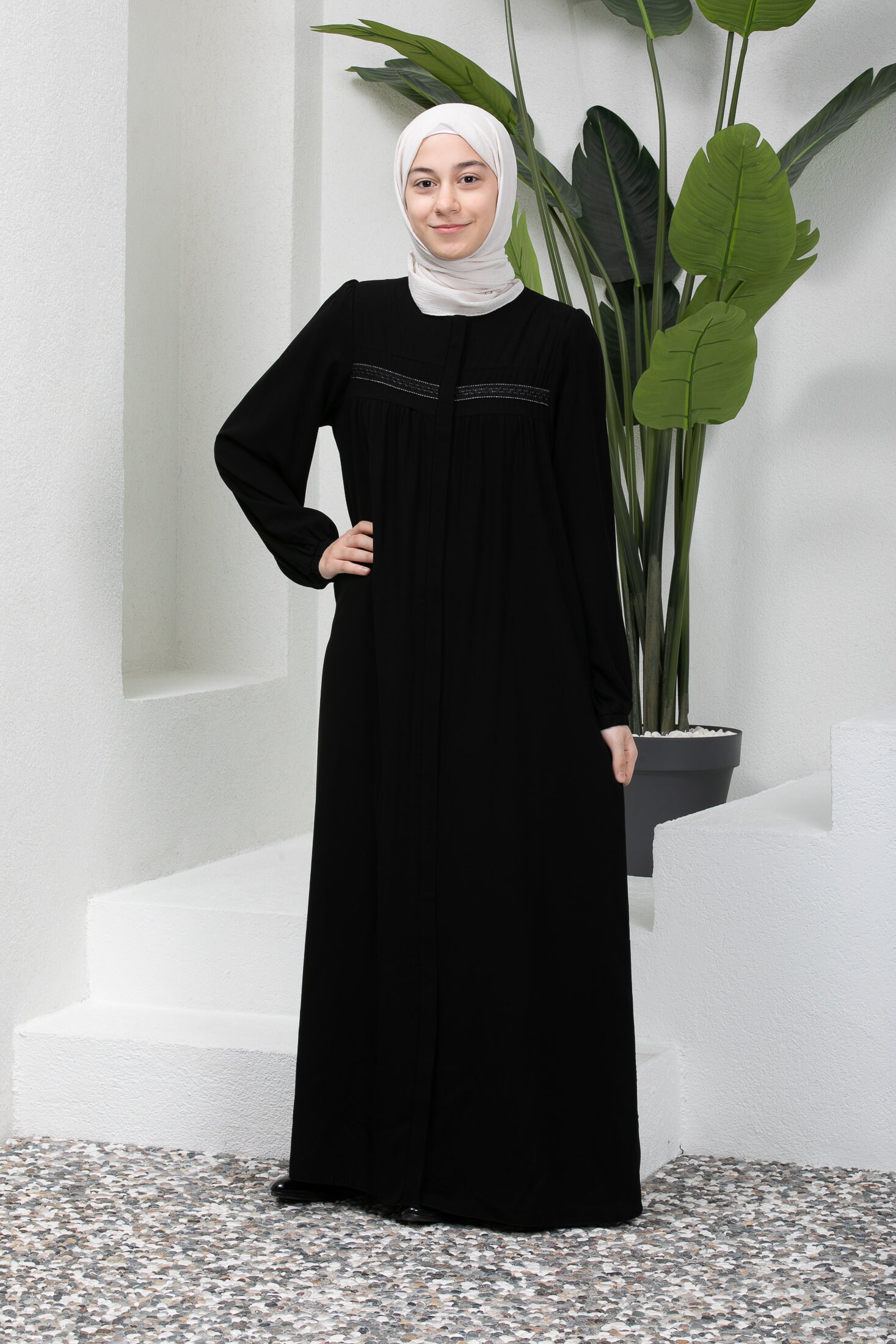 Kids embroidered lace abaya main image 1
