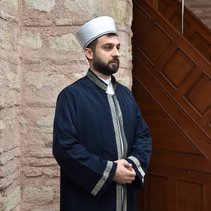 Navy Blue Imam Robe with Border | Navy Blue Prayer Robe | Islamic Robe