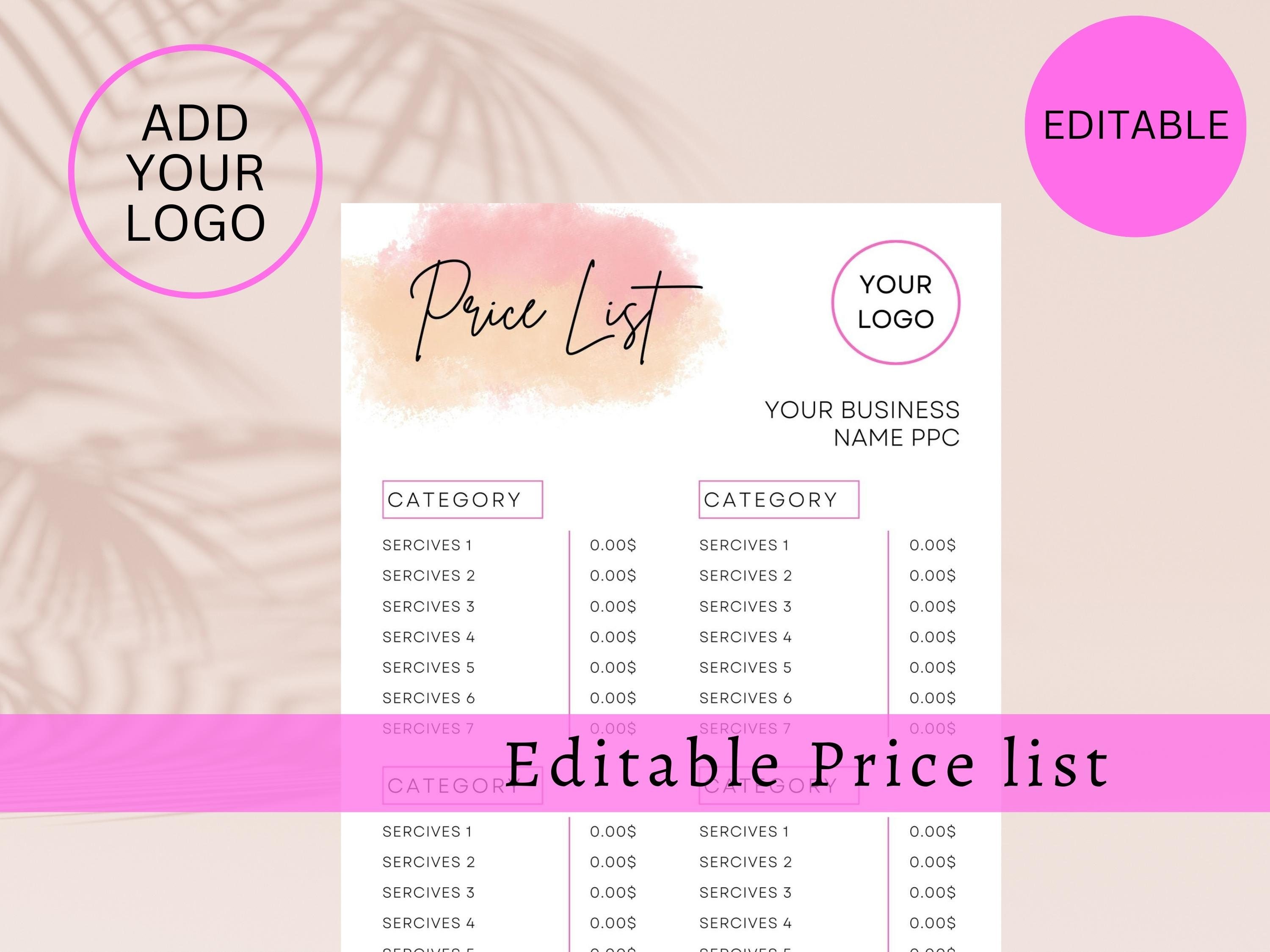 Editable PRICE LIST Template, Printable Price Sheet, Price Guide, Hair