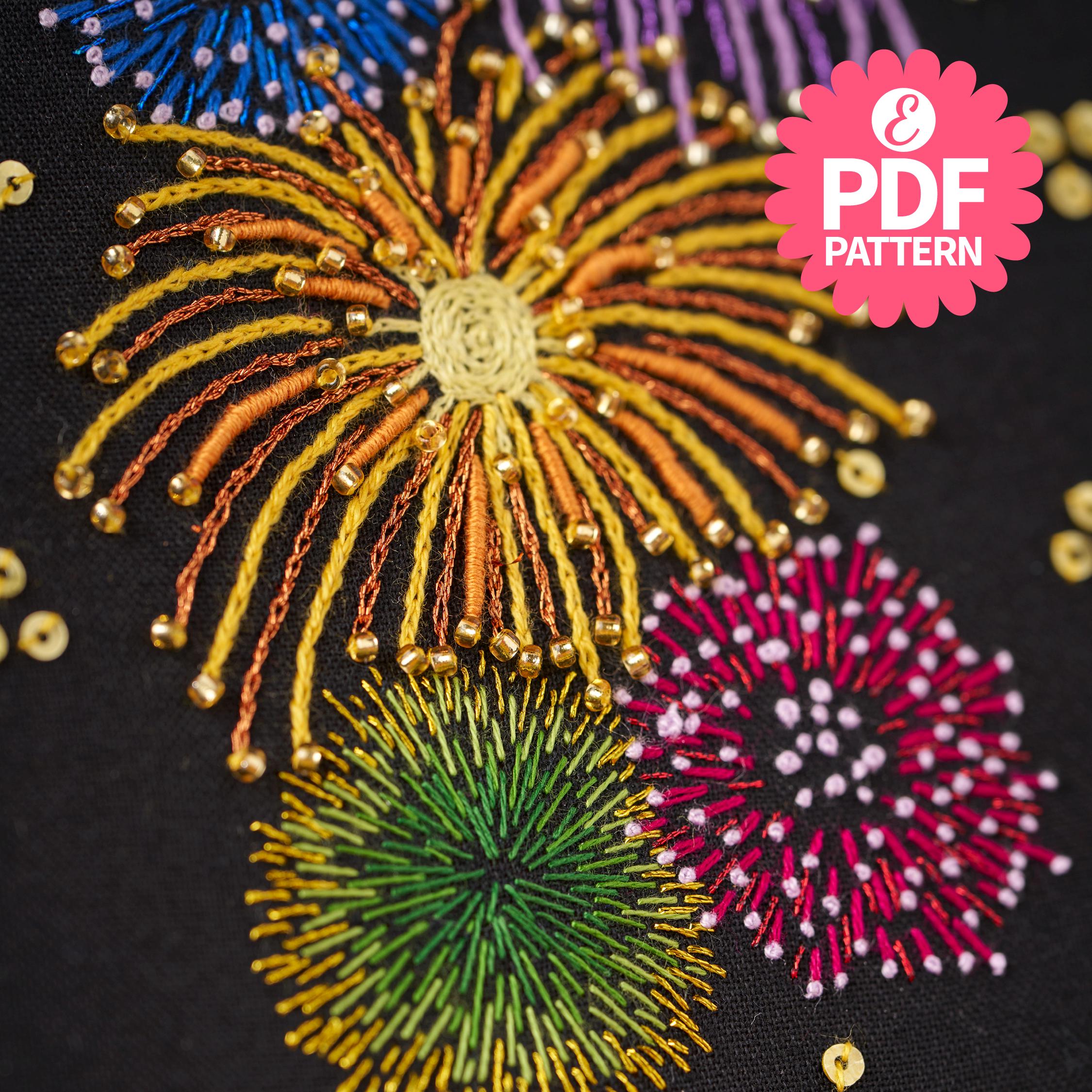 花火大会の刺繍枠パターン：愛の刺繍（PDFダウンロード、直径15cm