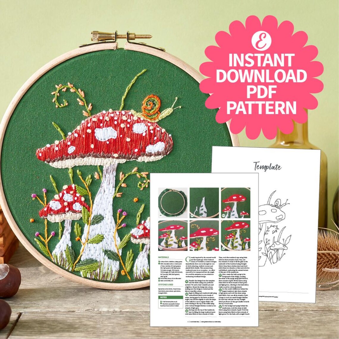 Embroidered Toadstools Autumn Toadstool Embroidery Pattern With Snail (digital Download) - Etsy