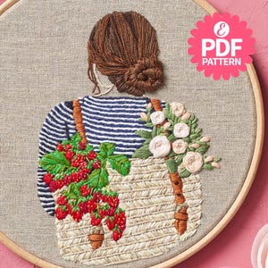 夏のポートレートフープと3Dヘアスタイル、ラブ刺繍、デジタル手刺繍パターン、即時ダウンロード、レイチェル・ドビンズ作