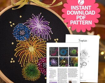 花火大会の刺繍枠パターン：愛の刺繍（PDFダウンロード、直径15cm