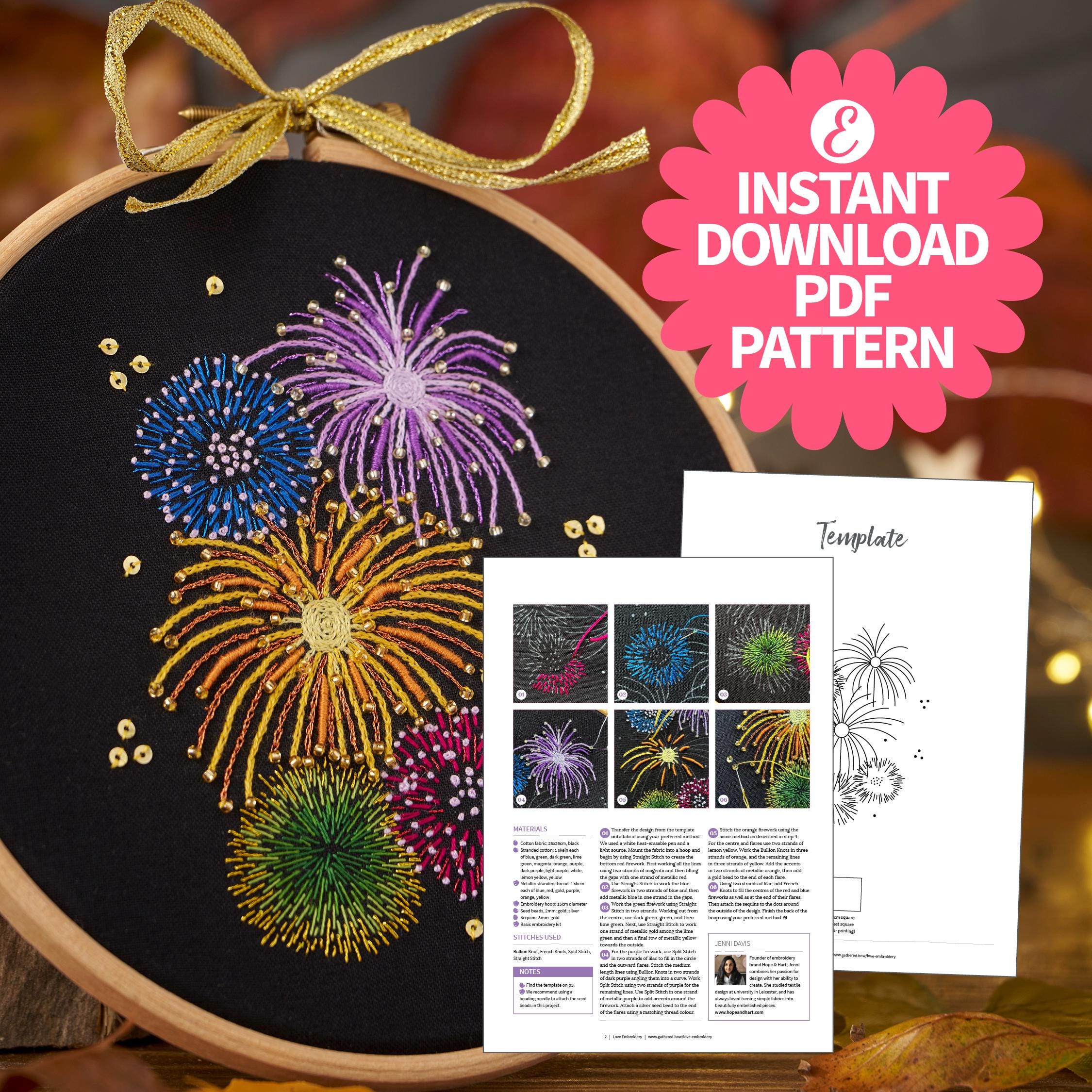 花火大会の刺繍枠パターン：愛の刺繍（PDFダウンロード、直径15cm