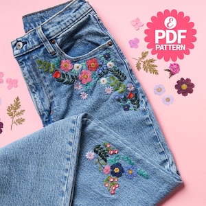 ジーンズとデニムの花柄モチーフ×2、ラブ刺繍、デジタル手刺繍パターン、即時ダウンロード、ジョージ・エメリー作