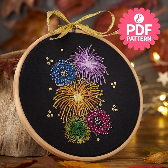 花火大会の刺繍枠パターン：愛の刺繍（PDFダウンロード、直径15cm