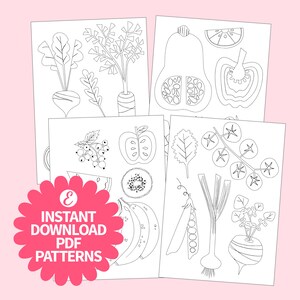 May include: Black and white line art illustrations of various fruits and vegetables, including a beet, carrot, squash, apple, kiwi, watermelon, banana, peas, and tomatoes. The illustrations are on four separate sheets of paper.