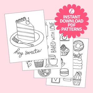 May include: A set of printable black and white baking themed patterns. The patterns include a slice of cake, a cupcake, a donut, a macaron, a mixer, a rolling pin, a scale, and a cupcake with a cherry on top. The text "Baked with Love" is on one of the patterns.